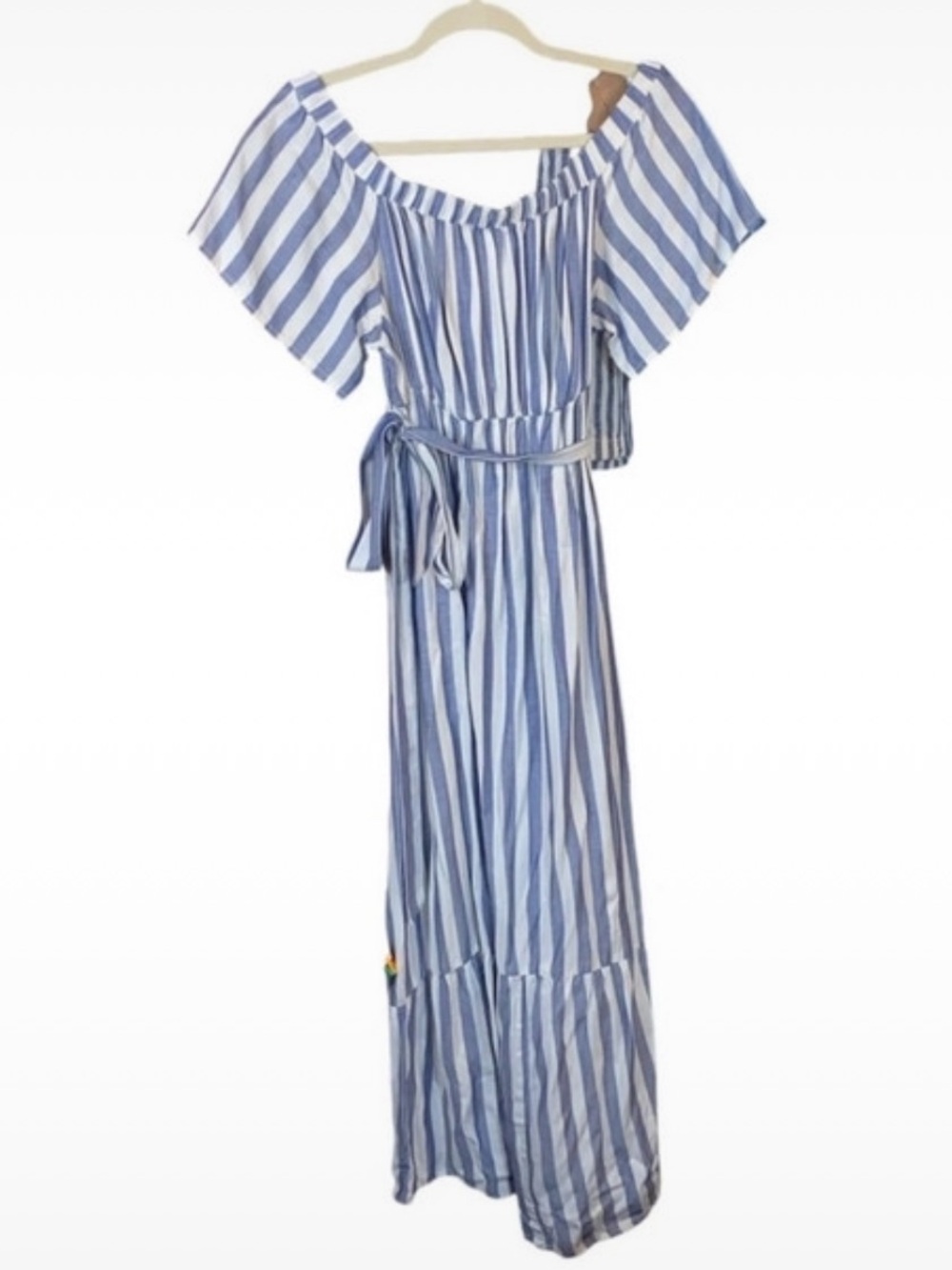 Isabel Maternity Blue/White Striped Boho Maxi Dress, Size Small